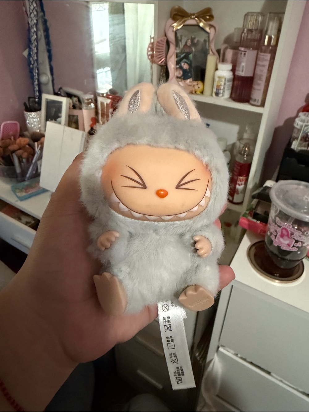 Grey Furry Bunny Monster Plush Toy - Cute Smiling Character